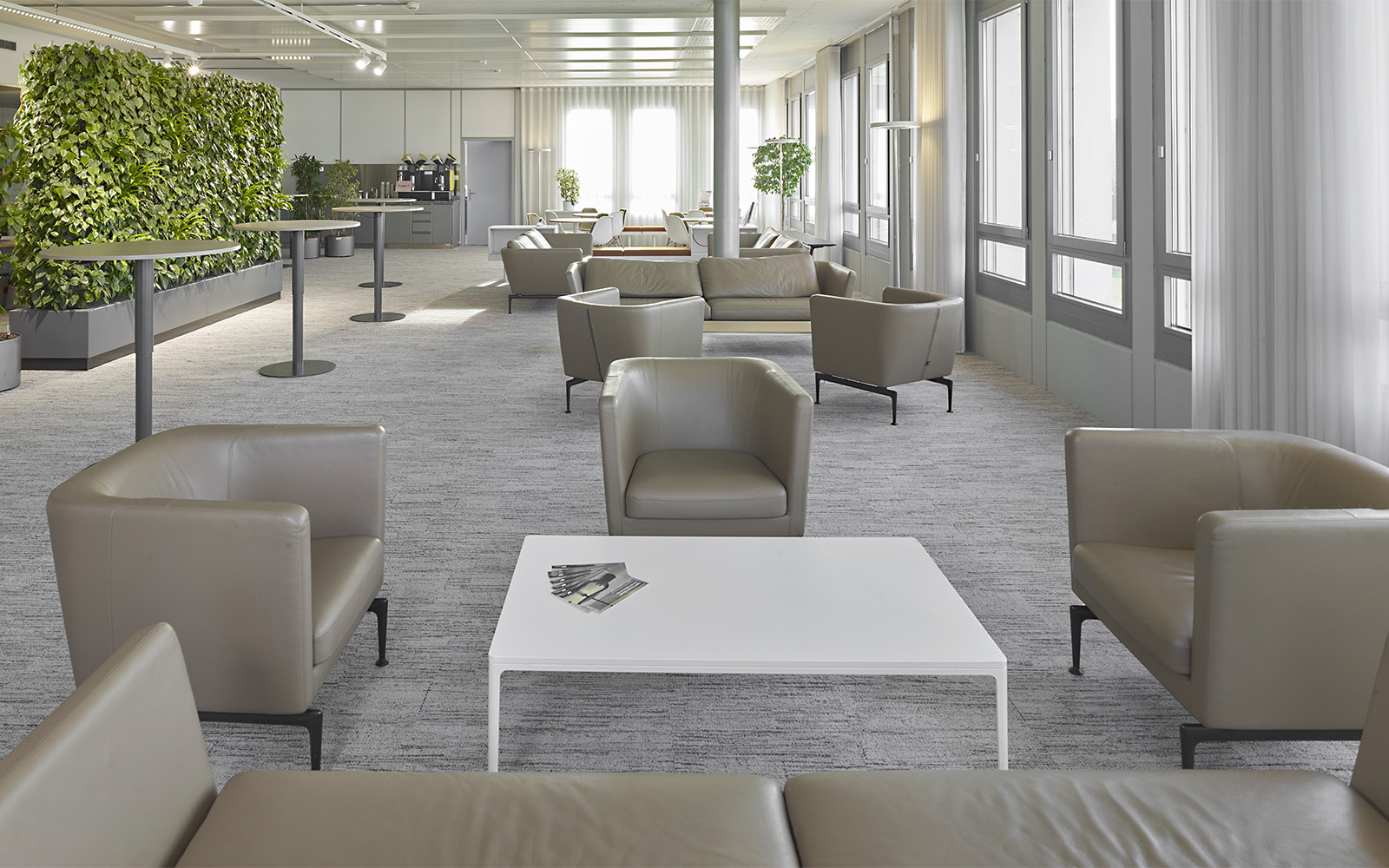 Modern eingerichteter Raum mit Sesseln und Tischen, grünene Pfalnzen und Teppichfliesen